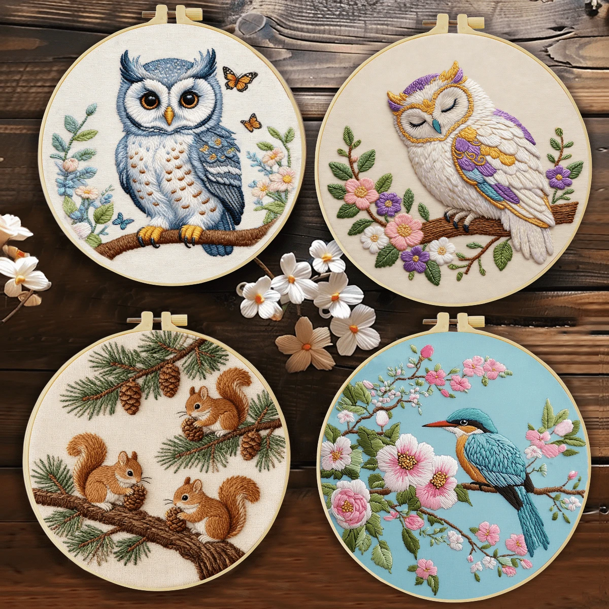1PC 20*20cm/7.9*7.9in,Animals On Trees Embroidery Kit, DIY Handmade Embroidery Set For Adult Beginners, Home Gift, Women's Sewing Gift, Including User Manual, Printed Pattern Fabric, Embroidery Frame, Needle And Thread.