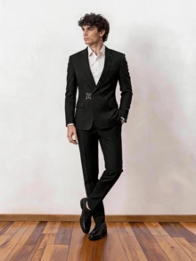 2pcs Men's Slim Fit Stylish Side Metal Buckle Fashionable Black Suit Jacket + Pants, Wedding/Party Formal Wear - Black - View 1