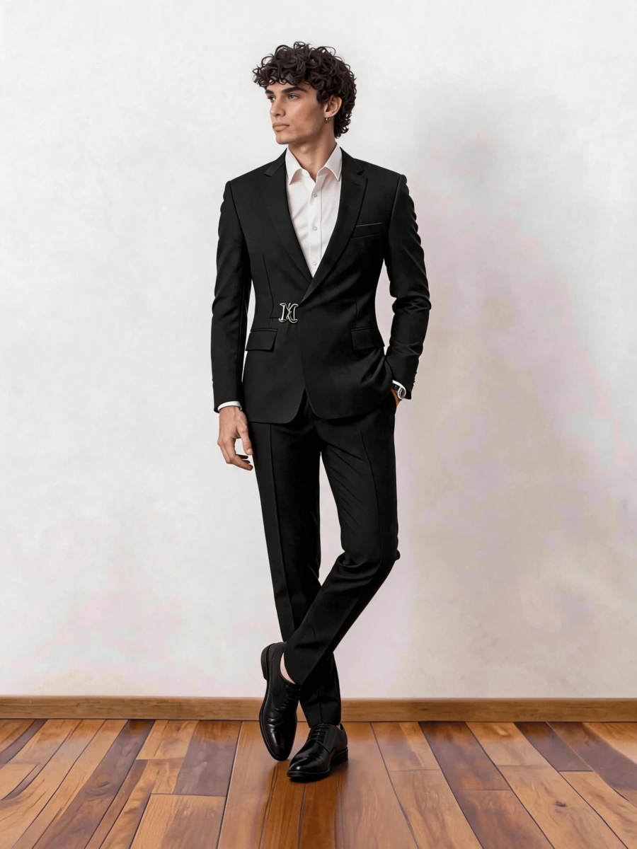 2pcs Men's Slim Fit Stylish Side Metal Buckle Fashionable Black Suit Jacket + Pants, Wedding/Party Formal Wear - Black - View 1