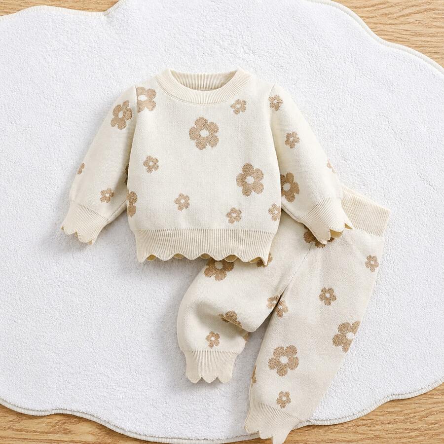 2 件装女婴花卉印花针织毛衣上衣 + 裤子套装,宽松柔软保暖幼儿服装,秋冬季 - 卡其色 - 查看 1