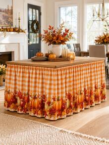 1pc-Thanksgiving Table Skirt, Fall Harvest Border Table Skirt With Pumpkin Apple Pear Maple Leaf Print, Orange Gingham Table Skirt For Dining Table, Buffet Table, Dessert Table, Autumn Party, Thanksgiving Home Kitchen Decoration - Multicolor - View 8