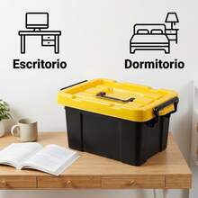Durable Plastic Storage Box With Lid And Handles, 3 Sizes Available, Stackable For Home Organization, Tools, Office Supplies, And Various Items - Yellow and Black - View 3