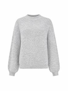 Women's Soft Ribbed Knit Long Sleeve Drop Shoulder Crew Neck Sweater, Casual Autumn Warm Knit Top - Light Grey - View 8