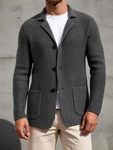 Autumn Winter New Men Lapel Knit Cardigan Single‑Breasted Sweater Blazer Coat European & American Outerwear - White - View 4
