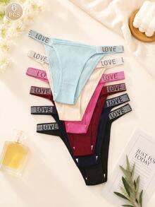 6pcs Women's Panty Set Ribbed Thong Letter Print Rhinestone Low Waist Sexy G-String High Elasticity Underwear - Multicolor - View 6