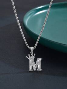 1pc Y2k Popular Rhinestone Paved Crown Initial Pendant Necklace Sliver Stainless Steel Twisted Rope Chain Necklace For Women Men - Silver - View 2