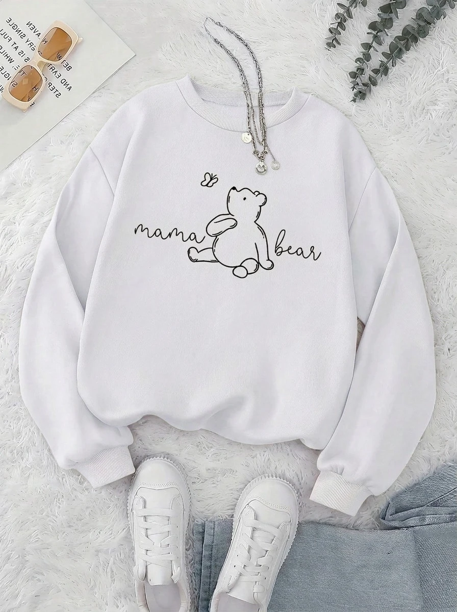 2026 Valentine Women Sweatshirt, White Bear Mom & Bear Hug Print Crew Neck Soft Long Sleeve Pullover, Maternity‑Friendly For Spring Autumn Winter - 純白 - 查看 1