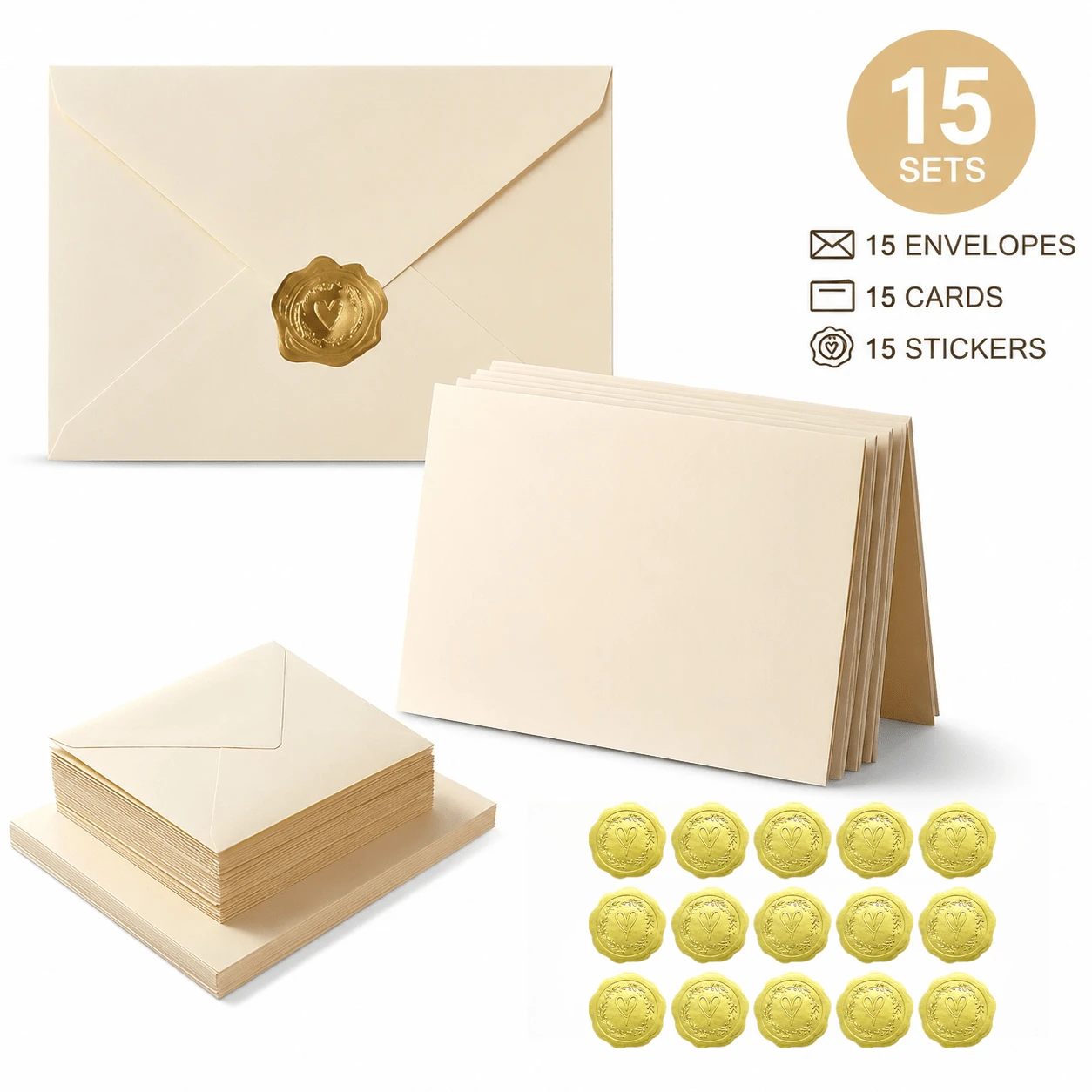 45pcs (15 Envelopes + 15 Greeting Cards + 15 Stickers) Western Style Solid Color Blank 120GSM Envelopes, Cream/Beige 250GSM Greeting Cards, Envelope Set Postcards Invitation Cards With Metal Stickers - one-size - View 1
