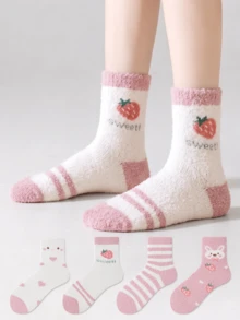 ZUJO 2 Pairs Women's Coral Fleece Mid-Calf Socks, Heart & Cartoon Strawberry & Rabbit & Striped Patterns, Suitable For Autumn/Winter, Suitable For 5-15℃, Random Colors - Pink - View 1