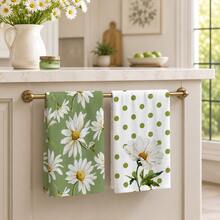 2pcs Green & White Daisy Pattern Kitchen Towels, Soft Absorbent Rectangular Floral Polka Dot Print Hand Towels, Farmhouse Style, Suitable For Kitchen Decor And Housewarming Gift, 4/6/8pcs Set - Multicolor - View 5
