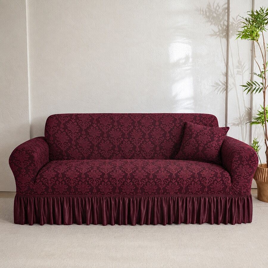 1pc Vintage Woven Jacquard Pattern Skirted Full Stretch Sofa Cover, Dust-Proof And Dirt-Resistant, Elastic One-Piece Full Coverage Sofa Protector, Living Room Home Decor, Machine Washable And Water Washable, Pillowcase Not Included - Redwood - View 1