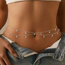 1pc Multi-Layer Pearl Linear Silver And Gold Waist Chain, Adjustable Crystal Belly Chain Bikini Waist Accessory For Women And Girls Summer Beach Party - Multicolor - View 8
