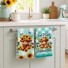 2pcs Blue Green White Plaid Highland Cow Sunflower Kitchen Towels, Cute Country Farmhouse Style Soft Microfiber Rectangular Printed Absorbent Quick Dry Hand Towels, Suitable For Kitchen Decor, Holiday Gifts 4/6/8pcs Set - Multicolor - View 3