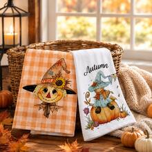 2pcs Orange Plaid Scarecrow Pumpkin Pattern Kitchen Towels, Autumn Country Farmhouse Style Cartoon Print Absorbent Hand Towels, Suitable For Autumn Kitchen, Harvest Season, Halloween, Thanksgiving, Family Gathering, Home Decor 4/6/8pcs Set - Multicolor - View 3