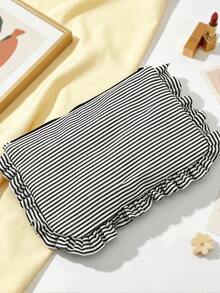 Ruffle Trim Striped Makeup Bag, Soft Fabric Zipper Cosmetic Pouch, Portable Travel Toiletry Organizer - Multicolor - View 8
