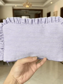 Ruffle Trim Striped Makeup Bag, Soft Fabric Zipper Cosmetic Pouch, Portable Travel Toiletry Organizer - Multicolor - View 13