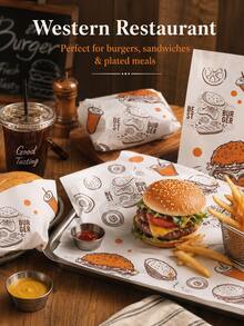 100pcs Retro Burger Basket Liners Food Wrapping Sheets Grease Resistant Doodle Print Fast Food Restaurant Picnic Party Sandwich Fries Serving Accessories - View 2