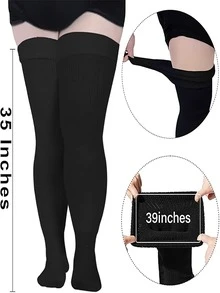 Plus Size Thigh High Socks For  - Extra Wide & Long Knit Thigh High Socks, Cozy - Black - View 3