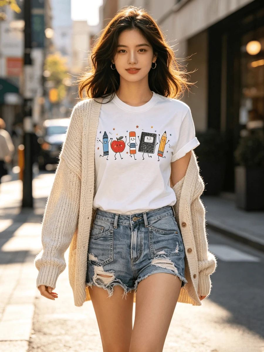 Women's Loose-Fitting T-Shirts For Spring And Summer, Featuring Fun Stationery And Fruit-Print Designs, And A Casual Round-Neck Top - 白色 - 查看 1