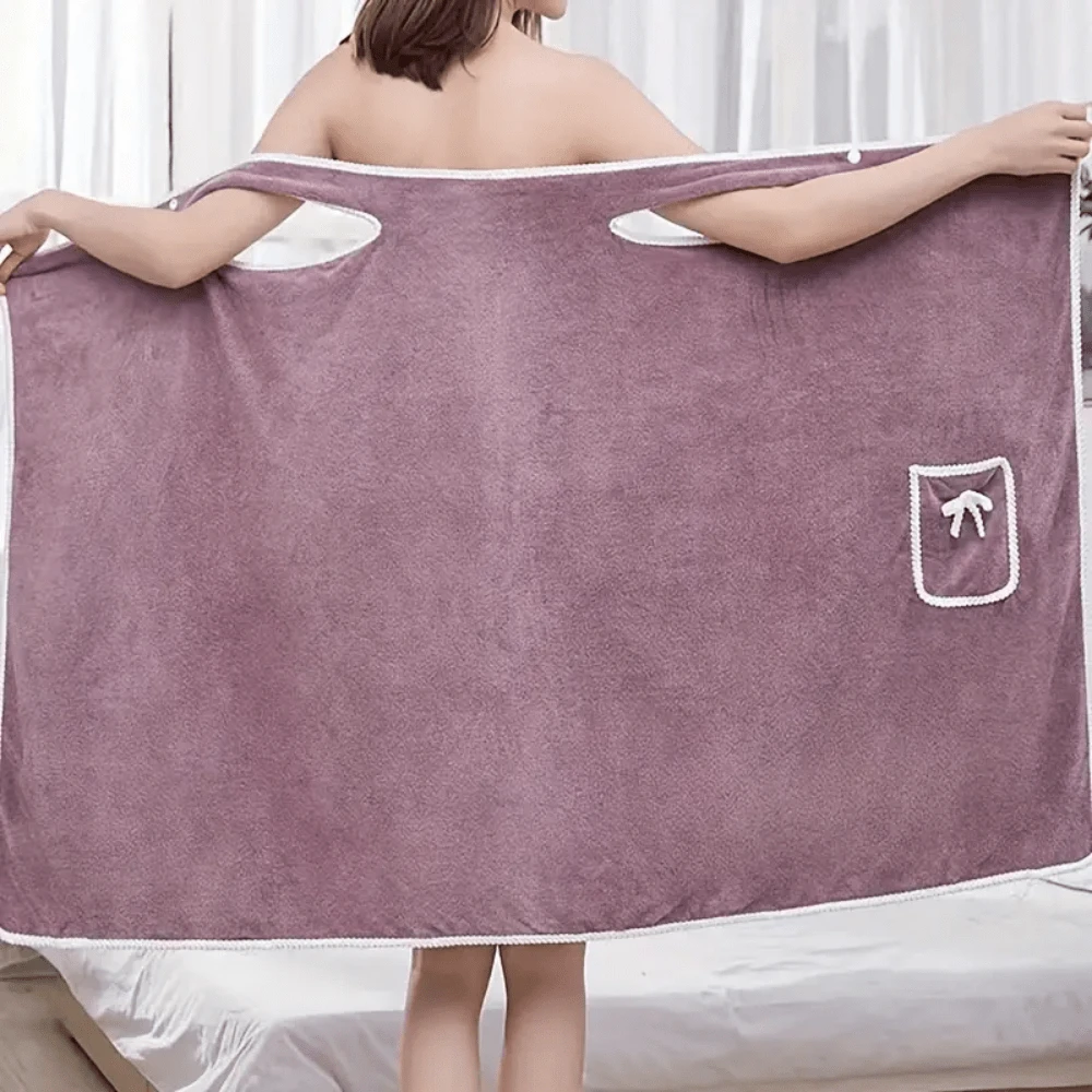 1pc Soft Thickened Coral Fleece Bathrobe, Cute Bow Pocket And Absorbent Design, Suitable For Bathing And Towel Wrap! Women's Exclusive, Comfortable And Durable Spa Wrap, Perfect For Bathroom, Camping, Beach, Spa, Hot Spring, Swimming, Travel - Multicolor - View 1