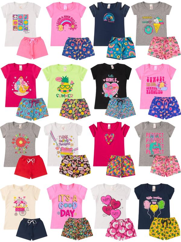 Kit 10 Peças Infantil Menina Juvenil Feminino Verão - Tamanho P ao 16 - 5 Blusas + 5 Shorts