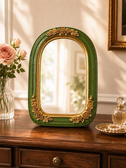 Vintage Green And Gold Arched Vanity Mirror With Rose Embossed Decoration; Suitable For Desktop/Wall-Mounted Applications, Bedrooms, Dressing Tables, Bathrooms, And Entryways.