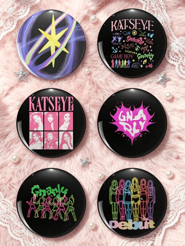 1pc/6pcs 4.4CM KATSEYE Badge Brooch,Gnarly,Neon Line Art,Group Photo &LOGO Symbol Lapel Pin,Round Pins For Backpack Clothes,Halloween And Christmas Holiday Gift
