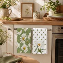 2pcs Green & White Daisy Pattern Kitchen Towels, Soft Absorbent Rectangular Floral Polka Dot Print Hand Towels, Farmhouse Style, Suitable For Kitchen Decor And Housewarming Gift, 4/6/8pcs Set - Multicolor - View 2