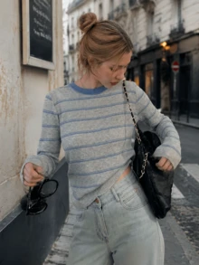 Women's Autumn/Winter Gentle French Style Striped Crew Neck Pullover Sweater - Light Grey - View 1