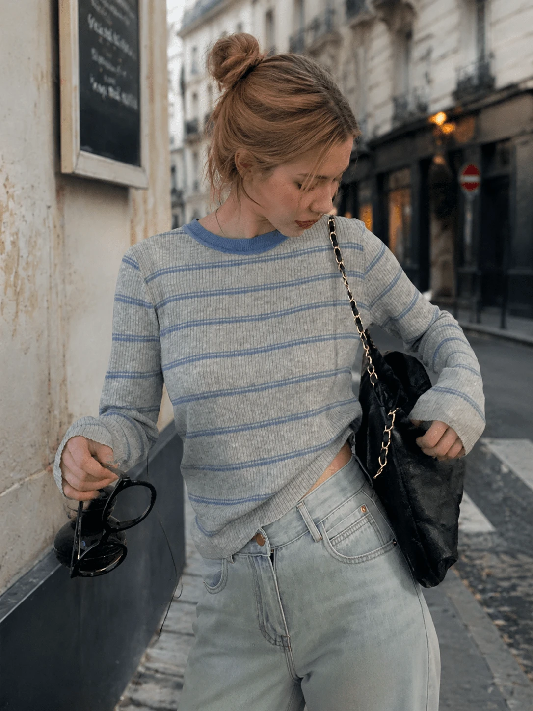 Women's Autumn/Winter Gentle French Style Striped Crew Neck Pullover Sweater - Light Grey - View 1