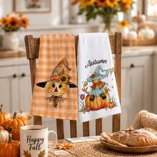 2pcs Orange Plaid Scarecrow Pumpkin Pattern Kitchen Towels, Autumn Country Farmhouse Style Cartoon Print Absorbent Hand Towels, Suitable For Autumn Kitchen, Harvest Season, Halloween, Thanksgiving, Family Gathering, Home Decor 4/6/8pcs Set - Multicolor - View 4