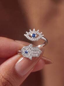 1pc Evil Eye Palm Open Ring, Women's Jewelry, Plated With Platinum, Exquisite Jewelry, Daily Wear, Gift - Style 1 - View 1