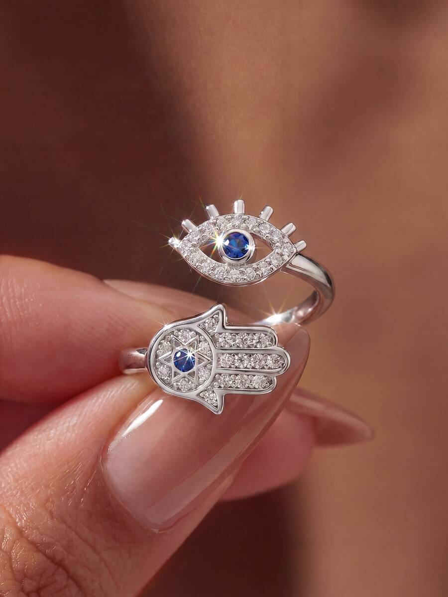 1pc Evil Eye Palm Open Ring, Women's Jewelry, Plated With Platinum, Exquisite Jewelry, Daily Wear, Gift - Style 1 - View 1