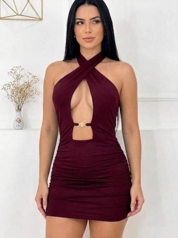 Vestido Curto Feminino Elegante Decote Profundo Drapeado Frente Única Casual Para Festa Baladas