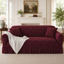 1pc Vintage Woven Jacquard Pattern Skirted Full Stretch Sofa Cover, Dust-Proof And Dirt-Resistant, Elastic One-Piece Full Coverage Sofa Protector, Living Room Home Decor, Machine Washable And Water Washable, Pillowcase Not Included - Redwood - View 6