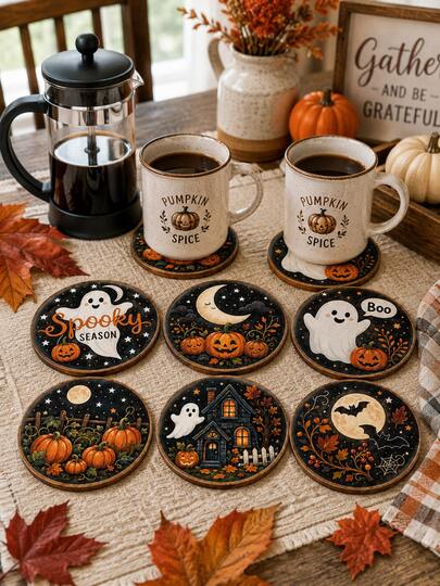 Juego de 6 posavasos de madera para Halloween, posavasos redondos de 10 cm con diseños lindos de fantasma, calabaza, luna y casa embrujada, decoración de mesa para la temporada espeluznante, fiesta de Halloween, cocina, comedor y decoración del hogar
