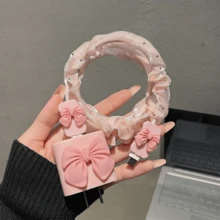 1組柔粉色3D蝴蝶結數據線保護套組，水鑽百褶網格線束紮帶防斷裂，蝴蝶結數據線保護套，學生短途旅行便攜收納配件，兼容Apple 18W/20W快充，溫柔風好友禮物，小眾女友禮物 - 粉紅色蝴蝶結 - 查看 3