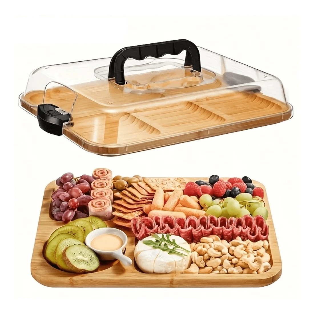 1Pc Bamboo Cheese Tray/Dessert Tray/Fruit Plate With Transparent Lid - View 1