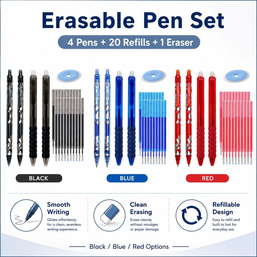 Erasable Gel Pen Set, 6 Retractable Pens (Black, Blue, Red) With 15 Replacement Refills And 1 Blue Eraser, Smooth Writing Clickable Pens With Replaceable Refills, Suitable For School, Office, Home Study, Journaling And Planning