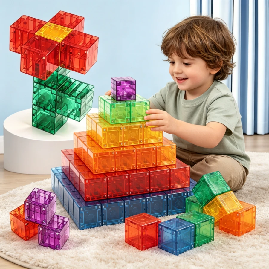 Kubus Sensorik STEM Balok Magnet Transparan 2,5 CM, Cocok Untuk Anak-Anak, Balok Puzzle Magnetikku, Halloween... Set Balok Magnetik - Kubus Sensorik STEM 3D Balok Puzzle Magnetikku Gaya Warna Acak - MultiWarna - View 1