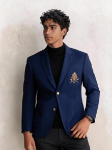 Men's Notch Lapel Beaded Embroidery Suit Jacket, British College Style Casual 2-Button Blazer - Royal Blue - View 1