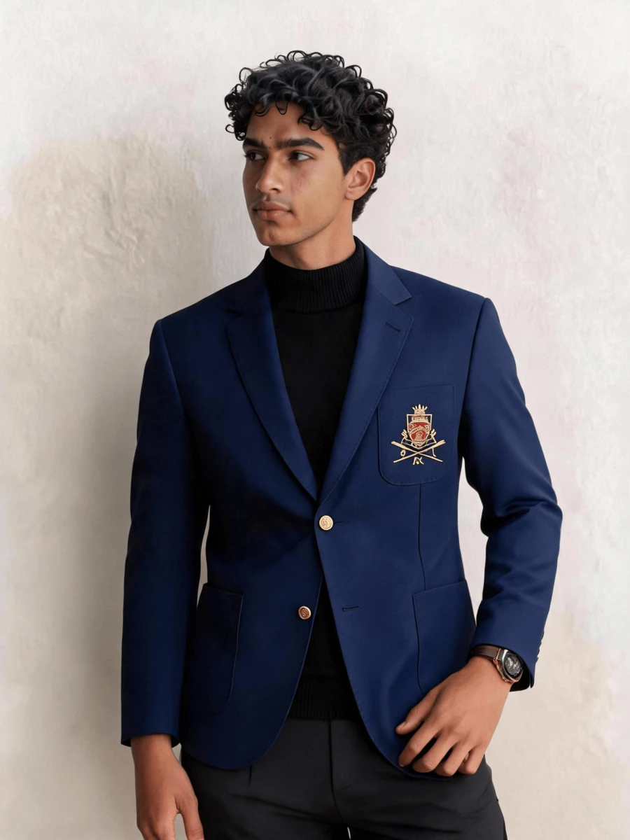 Men's Notch Lapel Beaded Embroidery Suit Jacket, British College Style Casual 2-Button Blazer - Royal Blue - View 1