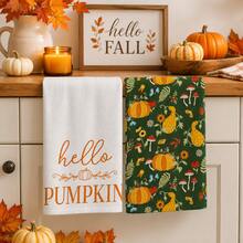 2pcs "Hello Pumpkin" Autumn Kitchen Towels, White & Floral Print Rustic Farmhouse Style Rectangular Decorative Hand Towels, Suitable For Autumn, Harvest Festival, Thanksgiving, Kitchen Decor 4/6/8pcs Set - Multicolor - View 2