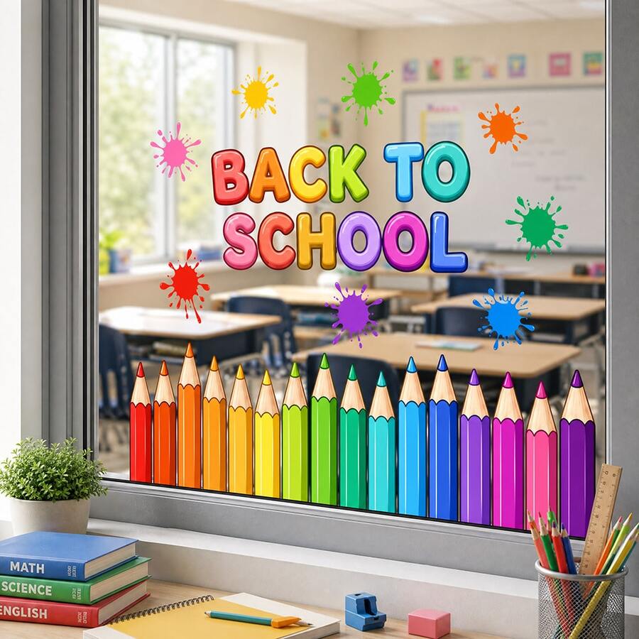 1pc 30*60cm Back To School Theme Colored Pencil Window Sticker, Colorful Paint Splatter Classroom Glass Self-Adhesive Decorative Decal - Multicolor - View 1