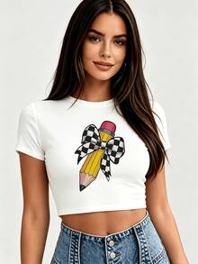 Pencil Checkered Bow Graphic Crop Top For Women, Cute Short Sleeve Fitted Cropped T‑Shirt, Soft Stretchy Summer Back To School Tops - 白色 - 查看 11
