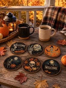 6pcs Halloween Wooden Coasters, 10cm Round Vintage Skull Pumpkin Bat Print Drink Coasters, Gothic Style Halloween Tabletop Decor, Suitable For Parties, Bars, Kitchens And Home - Multicolor - View 10