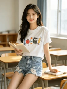 Women's Loose-Fitting T-Shirts For Spring And Summer, Featuring Fun Stationery And Fruit-Print Designs, And A Casual Round-Neck Top - 白色 - 查看 2