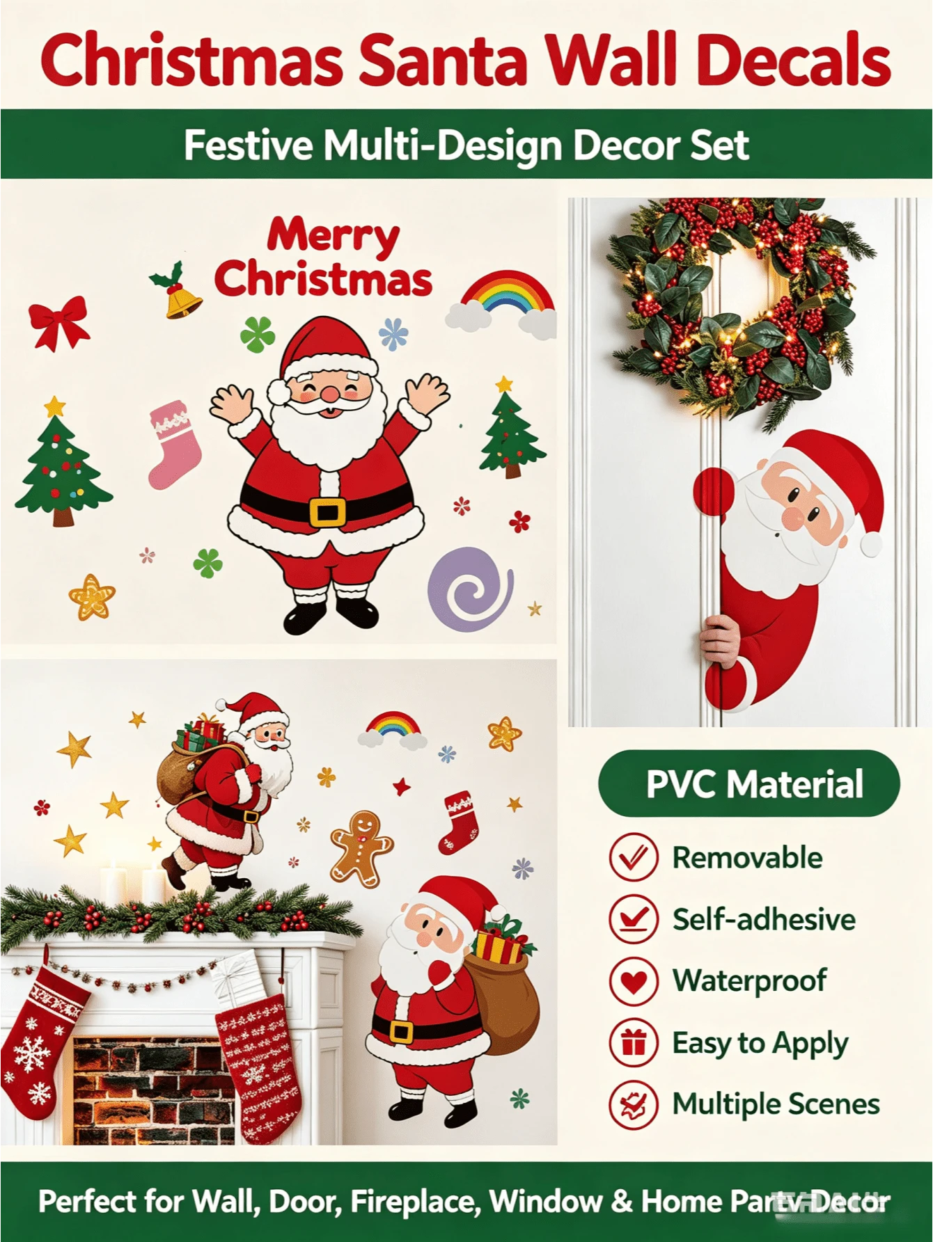 Multiple Sets Of Fun Santa Wall Stickers, PVC, Removable, Self-Adhesive, No Residue. Christmas Multi-Elements DIY For Living Room, Doors, Fireplace, Windows, Glass, Home, Classroom, Party, And Holiday Decorations. - Wall Stickers - View 1