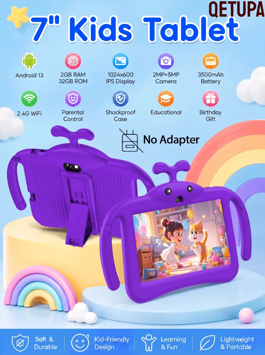 Qetupa Tablet Anak 7 Inci Android 13, 4GB+64GB, Layar IPS 1024x600, Kamera Ganda, Baterai 3500mAh, WiFi, Tablet Balita dengan Casing Anti Guncangan, Kontrol Orang Tua, Tablet Pembelajaran Edukatif, Hadiah Ulang Tahun Anak (Tanpa Adaptor) - Purple - View 1