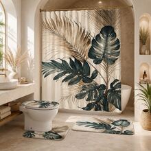 1/4pcs Tropical Monstera Palm Leaf Shower Curtain Set, Vintage Green & Gold Botanical Print Bathroom Curtain, Includes Toilet Lid Cover, Bathroom Mat, 4pcs Complete Home Bathtub Bathroom Decor Set - A - View 1